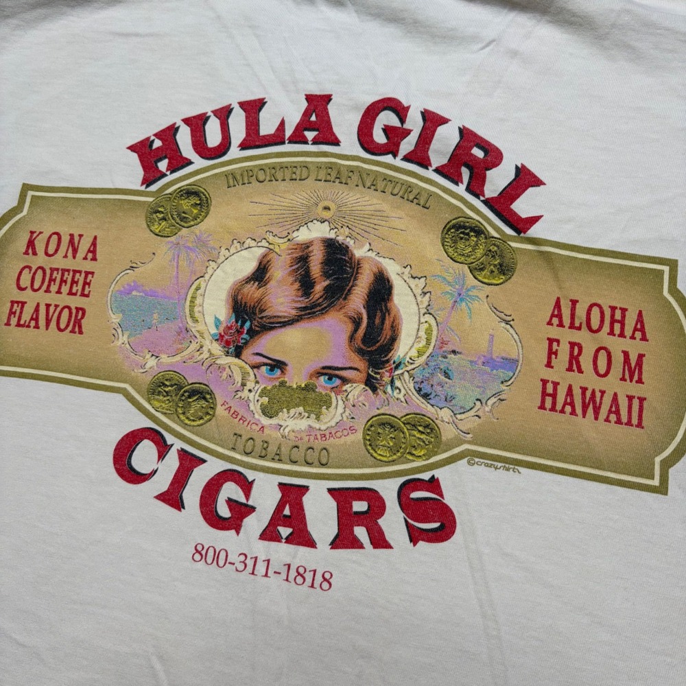 Crazy Shirts T-Shirt Mens XXL Cream Hula Girl Cigars Vintage 90s Hawaii USA Made